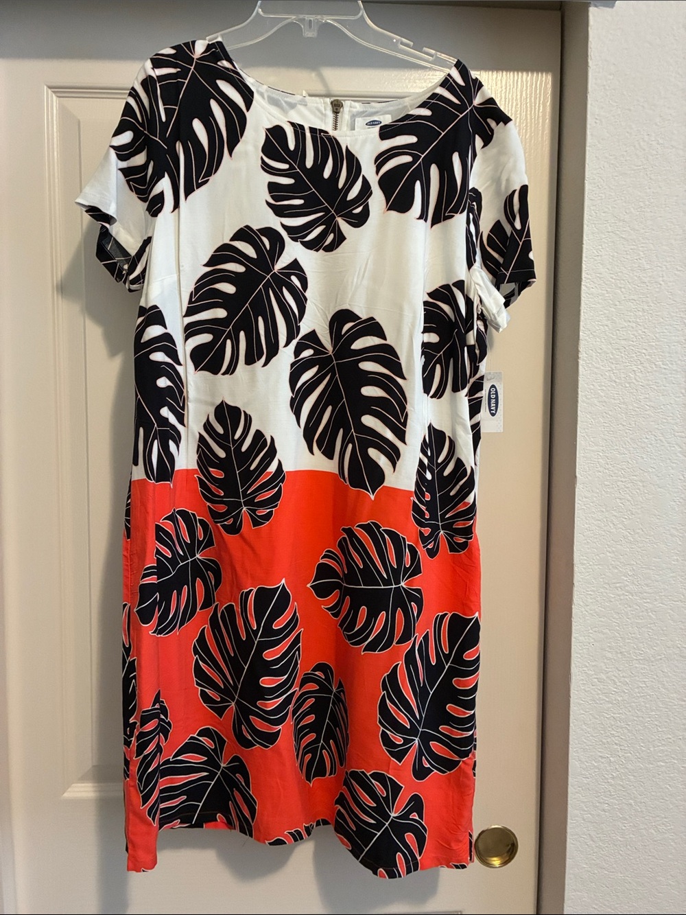Old Navy White Dress with Black Tropical Leaf Print and Red Accent